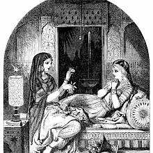 A woman is reclining on a bed as another beside her performs a magic ritual