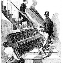 Two undertaker's assistants are carrying a coffin downstairs as movers are going up with a piano