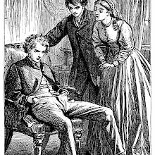 An annoyed young man sits in an armchair as another man and a woman at his side try to comfort him