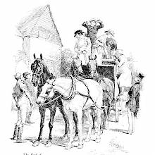A stagecoach is reaching its destination, greeted by a stable boy as passengers start getting off