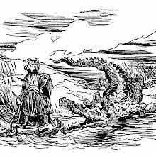 A gigantic crocodile seems on the verge of attacking a man on a boat