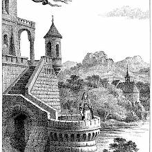A dragon flies over a castle that overlooks a lake, while a woman stands on a turret