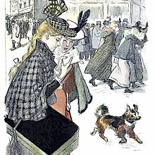 Two errand girls, on their way to deliver a package, check an address book in a busy street