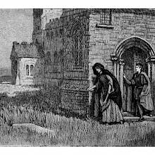 Two women—one wearing a hooded cloak, the other dressed as a man—are sneaking out of a convent