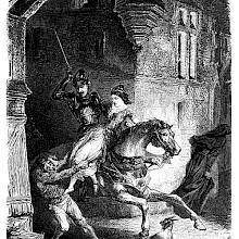 An armored man on horseback tries to escape through the city streets with the young woman he has abducted