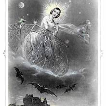 A female figure with a glow around her head is leaning on a balcony floating in the night sky