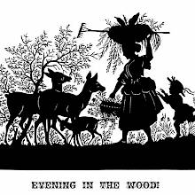 Silhouette illustration showing a woman followed by a child, carrying baskets as deer stand nearby