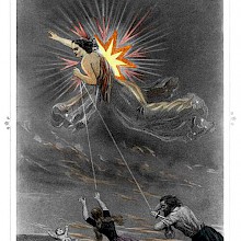A man runs brandishing a knife behind a woman as a wrathful figure floats above them