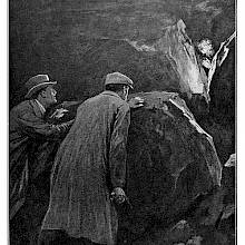 Two men with a gun hide behind a rock as another gazes at them from a similar shelter