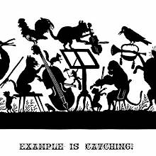 Silhouette illustration showing a cat, an ape, a fox, etc., giving a concert conducted by a stork