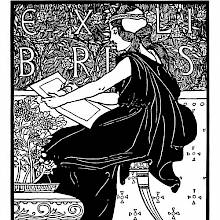 Bookplate design showing a woman seen from the side about to write or draw on a piece of paper