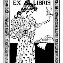 Bookplate showing a woman sharpening a quill by an oil lamp as books can be seen in the background