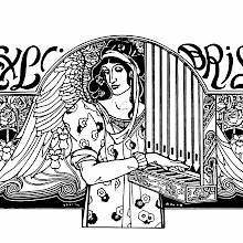 Bookplate showing a winged female figure playing the portative organ among decorative floral motifs