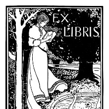 Bookplate showing a woman standing with a book in her hands, by a pond in which swans are swimming