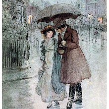 A woman and a man are walking together in the rain protected by an umbrella