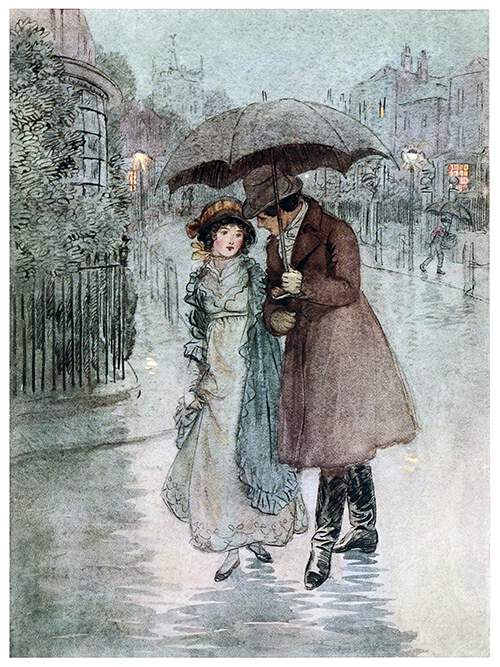 A woman and a man are walking together in the rain protected by an umbrella