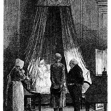 Two men and a woman are standing by the bed of a dying man seen from the side