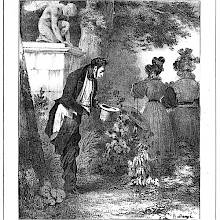 In a park, a very embarrassed man holds his pants with one hand while greeting a young lady