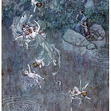 A fairy is seen floating in mid-air with her suite of putti over a lake