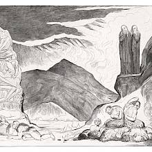Dante and Virgil stand on a stone arch as below, two men scratch their backs on cluttered bodies