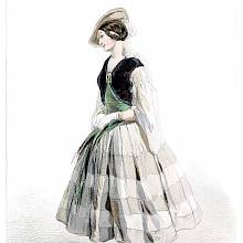 Fashion plate showing a woman wearing a striped dress with a green bodice