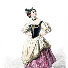 Woman wearing a dress with puffed sleeves and a fuchsia underskirt visible on one side