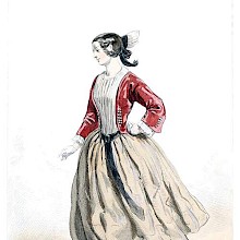 Fashion plate showing a young woman wearing red jacket and stockings