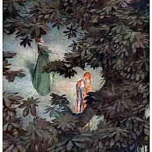 A woman and her interlocutor are seen from above, through the branches and leaves of a tree