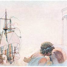 A girl and a young man are kissing as a ship ready to sail waits in the background