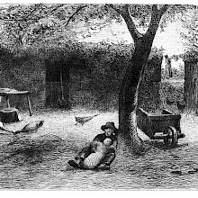 A child in a courtyard is reclining against a tree and holding a baby in his lap