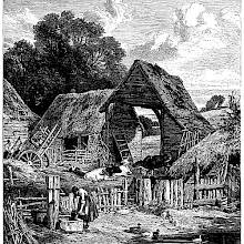 A farm-yard with sheds, a few cows, a small pond with ducks, and a water pump