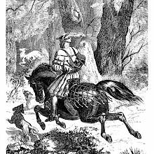A Renaissance era hunter rides on horseback away from the viewer, in the pursuit of a white deer