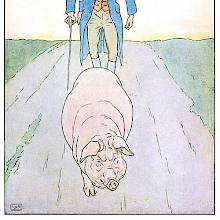 A sullen pig walks down a road, followed by a man walking with a stick