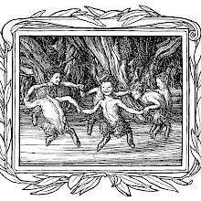 Six little fauns dance round in a circle in the woods