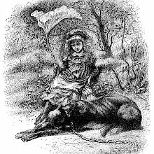 A young girl gives the viewer a sly look as she sits on a grassy bank with a wolf at her feet
