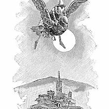 Pinocchio rides a pigeon flying over a city as the full moon can be seen behind them