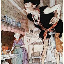 A giant looks inquisitively around a kitchen where a woman is busy cooking