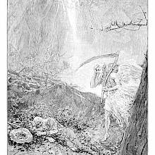 An old man lies in the woods, fast asleep and clutching his rifle, unaware of Father Time leaning over him
