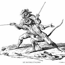 A monkey armed with a buttoned foil is practicing a lunge, guided by his fencing master