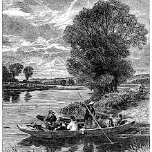 people and animals are crossing a river in a punt poled by a man wearing a cap