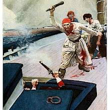 A sailor wounded in the leg brandishes a belaying pin while moving toward a covered hatch