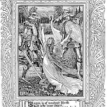 A woman pleads on her knees between two knights in full armor who are fighting on a riverbank