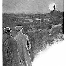 Two men are walking on a moor as a silhouette in the distance stands out against the moon