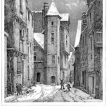 View of a snowy street with children playing and a polygonal staircase tower