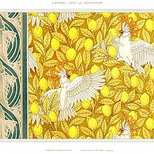 Ornaments showing a pattern with cockatoos spreading their wings among lemon trees, and a two-tone frieze with fish swimming in a stream