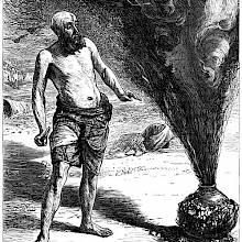 A man stands beside a jar oozing dark smoke in the midst of which a figure is taking shape