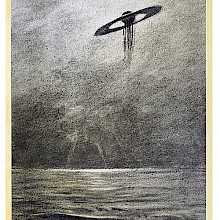 A UFO in the shape of a disk with a floating sphere at its center hovers over the sea
