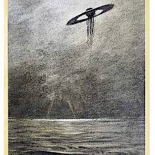 A UFO in the shape of a disk, with a floating sphere at its center, hovers over the sea