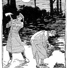 On a moonlit night, a man in a cap and a trench coat is poised to hit another man with a spade