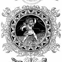 A putto with a beastly face is depicted wielding a lightning bolt beneath a stormy sky